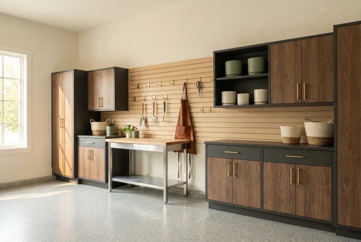 Garage wall of charcoal cabinets with walnut-look doors and slatwall