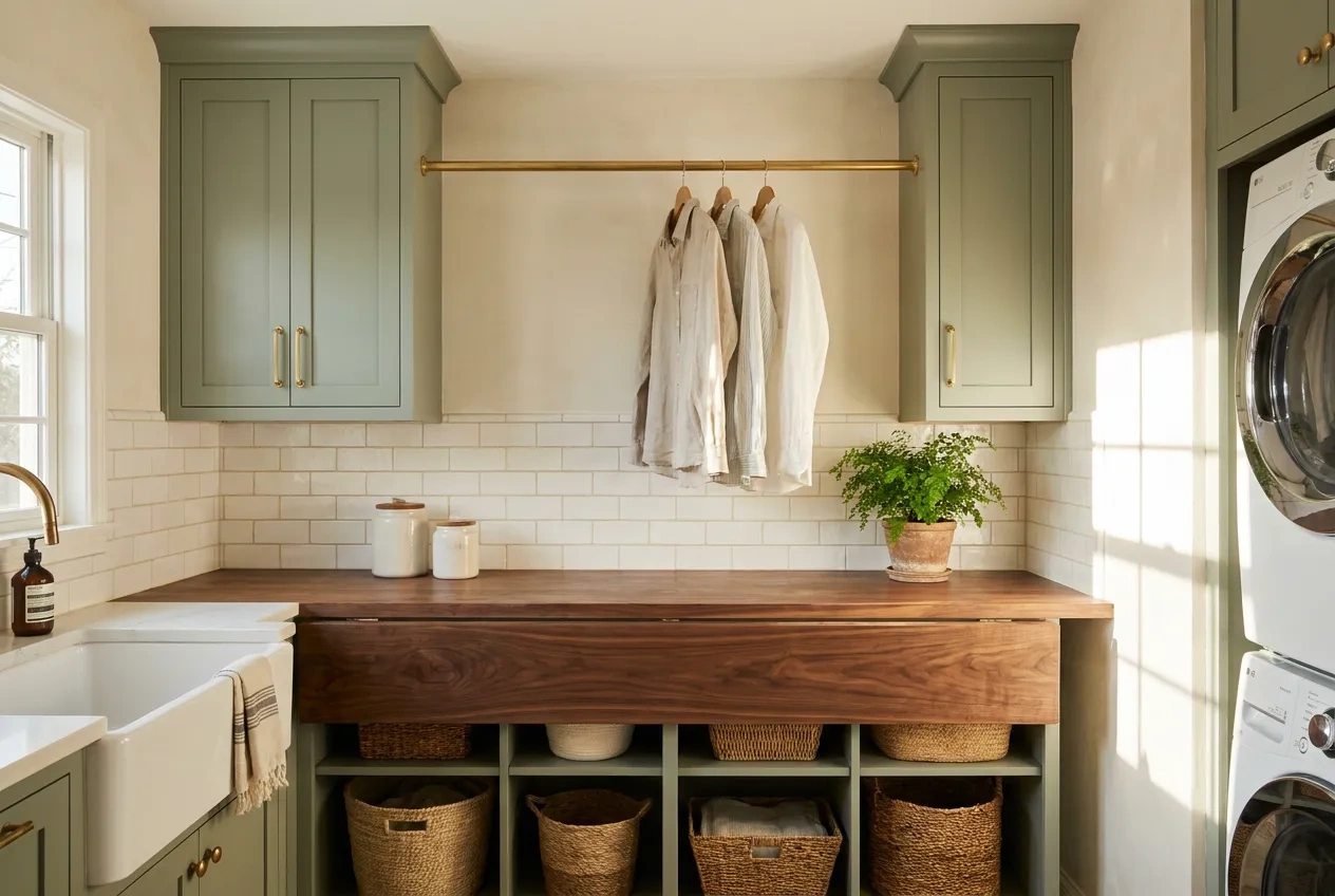 Laundry nook with a walnut folding counter and sage cabinets