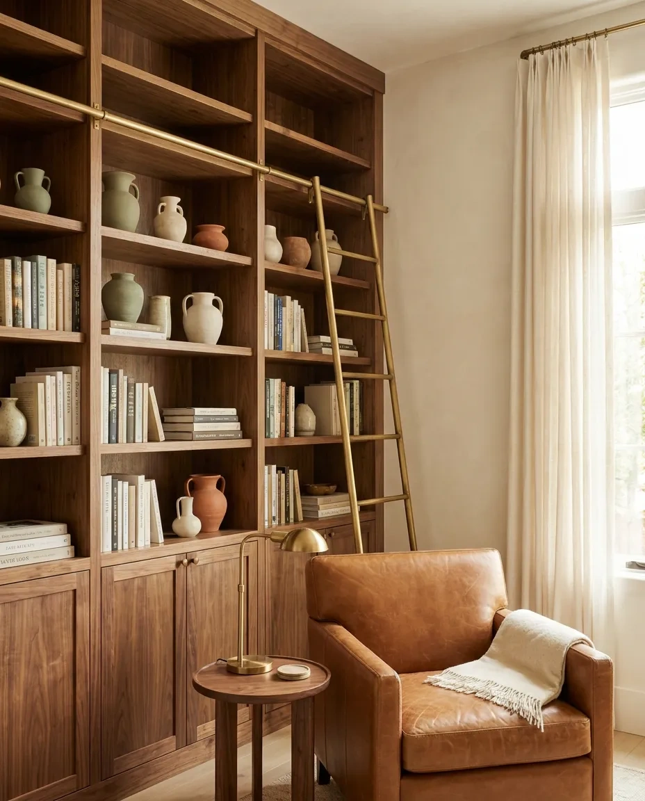 Library wall of walnut bookcases with a brass rolling ladder
