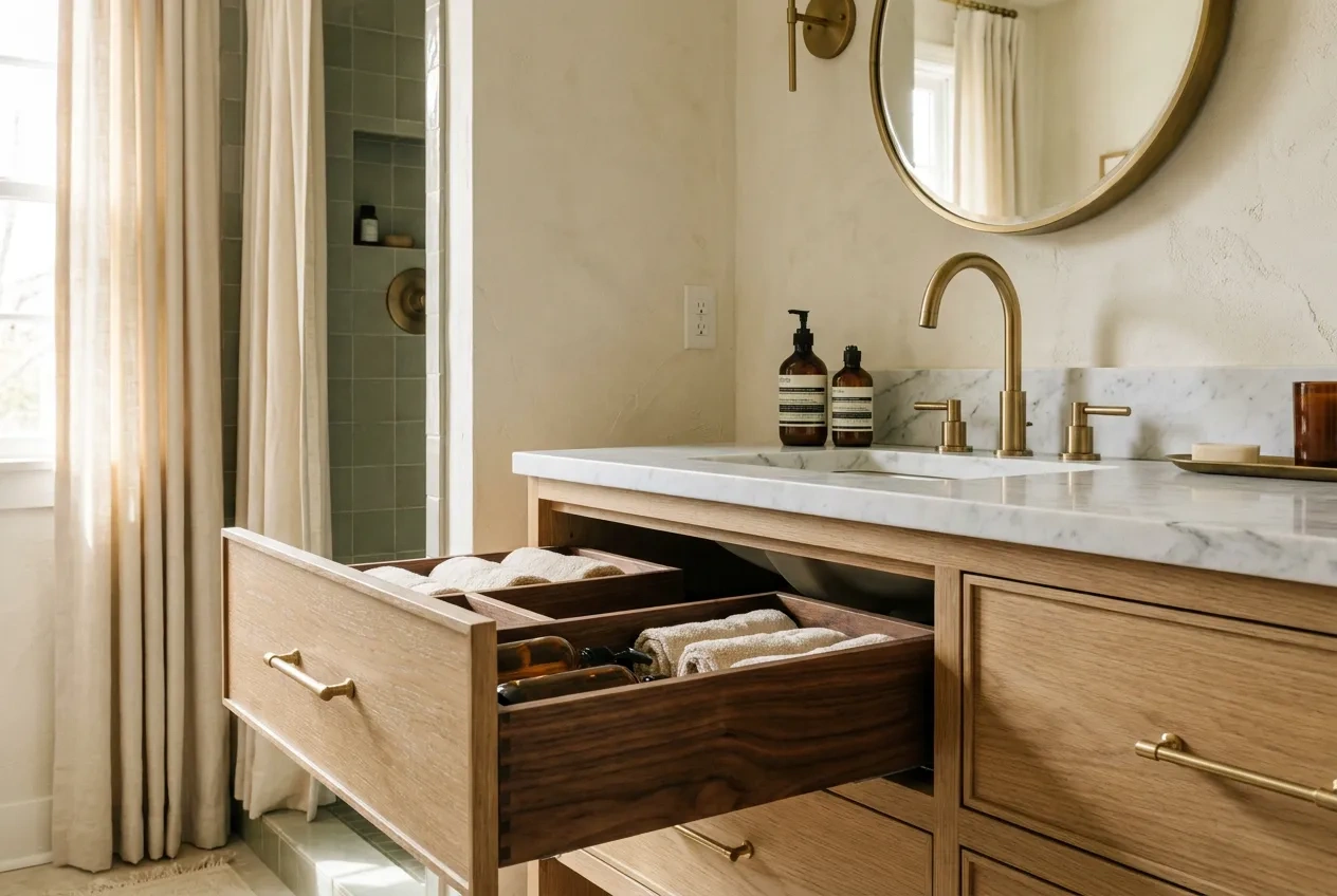 Floating white oak vanity with an open drawer showing walnut organizers