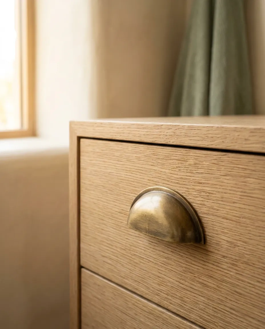 Brushed brass cup pull on a rift-sawn white oak drawer front